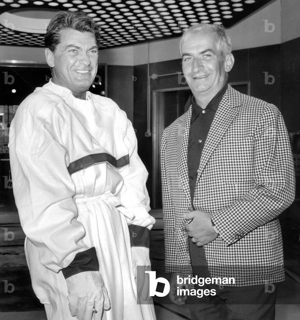 French Actors Jean Marais and Louis De Funes on Set of Film 