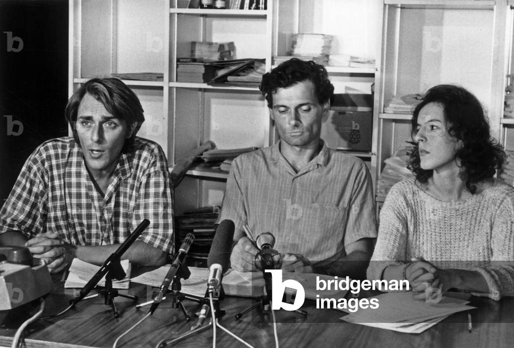 Green Peace Organization Press Conference On The Wreck of Mount Louis From Left to Right Jacky Bonemain Wildlife Manager A Green Peace Yves Lenoir Scientific Officer And Katia Kanias Spokesperson for the Organization August 27, 1984 (b/w photo)
