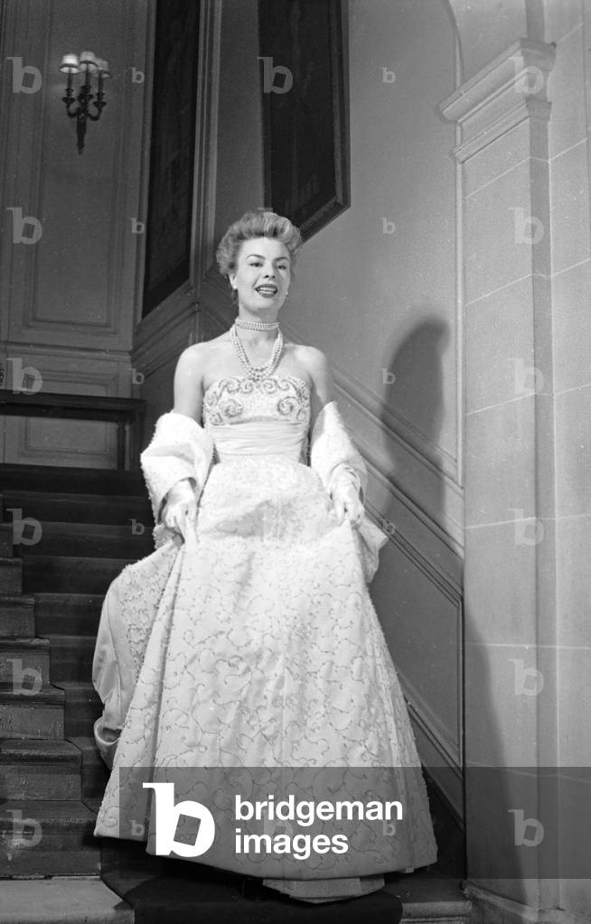 Presentation on February 23, 1954 of Collection By Jacques Fath : Model Stella With Evening Dress (b/w photo)