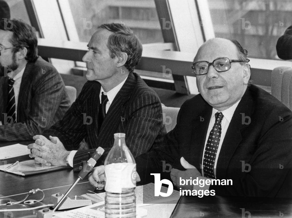 Senator Jacques Thyraud At The Press Conference Held By Members Of La Cnil To His Right Alain Simon Counsellor At The Court Of Cassation In Strasbourg 17 February 1982 (b/w photo)