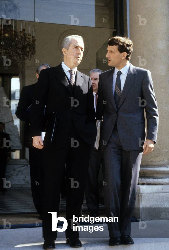 French Politicians Edouard Balladur and Francois Leotard April 1986 After Council of Ministers (photo)