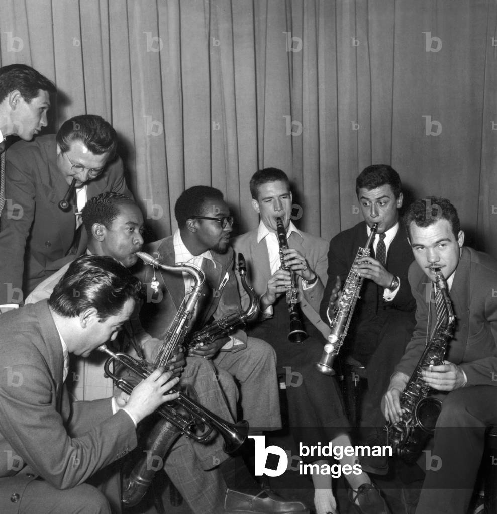 Jazz Festival in May 4, 1949 : Aime Barelli (Trompette), Don Bijas, Jacques Dieval, James Mody, Claude Luter, Claude Brogiansky and Rene Leroux, May 4, 1949 (b/w photo)