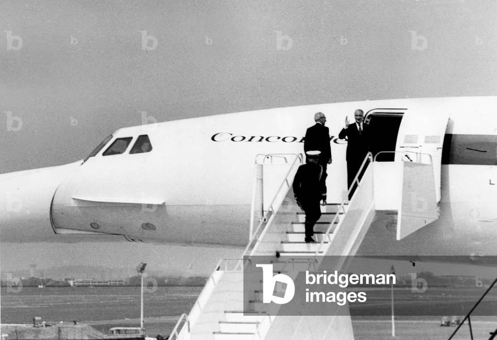 French President Georges Pompidou Going Up Concorde With Henri Ziegler Director of Sud Aviation May 7, 1971, Bourget Airport, Paris (b/w photo)