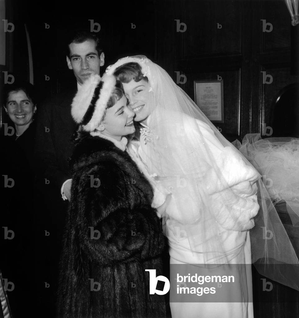 Francoise Arnoul and Brigitte Bardot at her wedding, 1952(b/w photo)