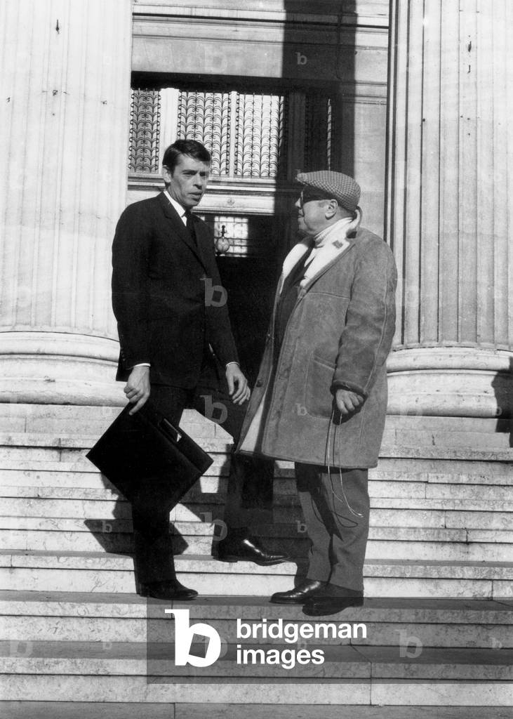 Jacques Brel and Marcel Carne on The Stairs of Law Courts on Set of Film Law Breakers December 19, 1970 (b/w photo)