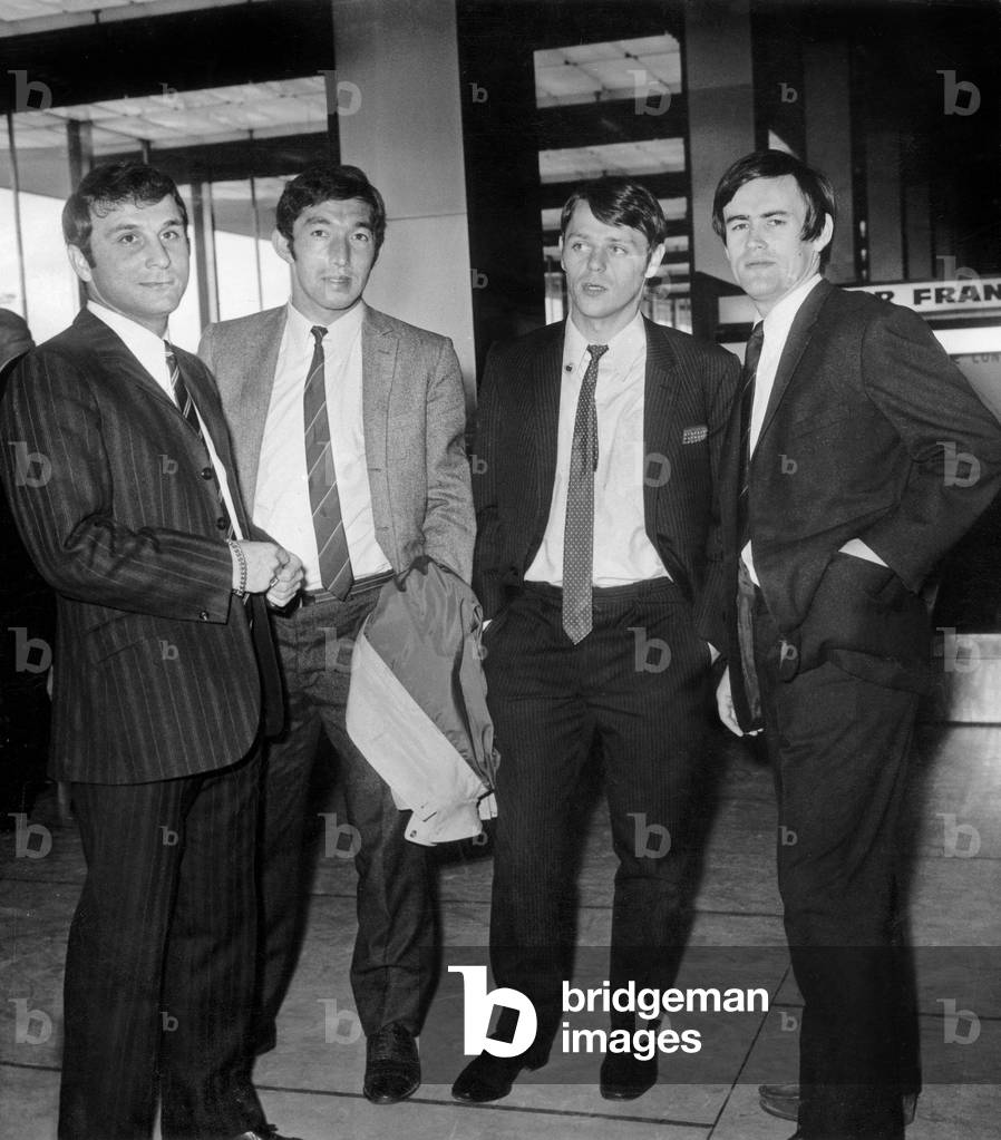 Footballers of France Soccer Team at Paris Airport Before Going To Belgrade : L-R Di Nallo, Djorkaeff, Herbet and Blanchet April 23, 1968 (b/w photo)