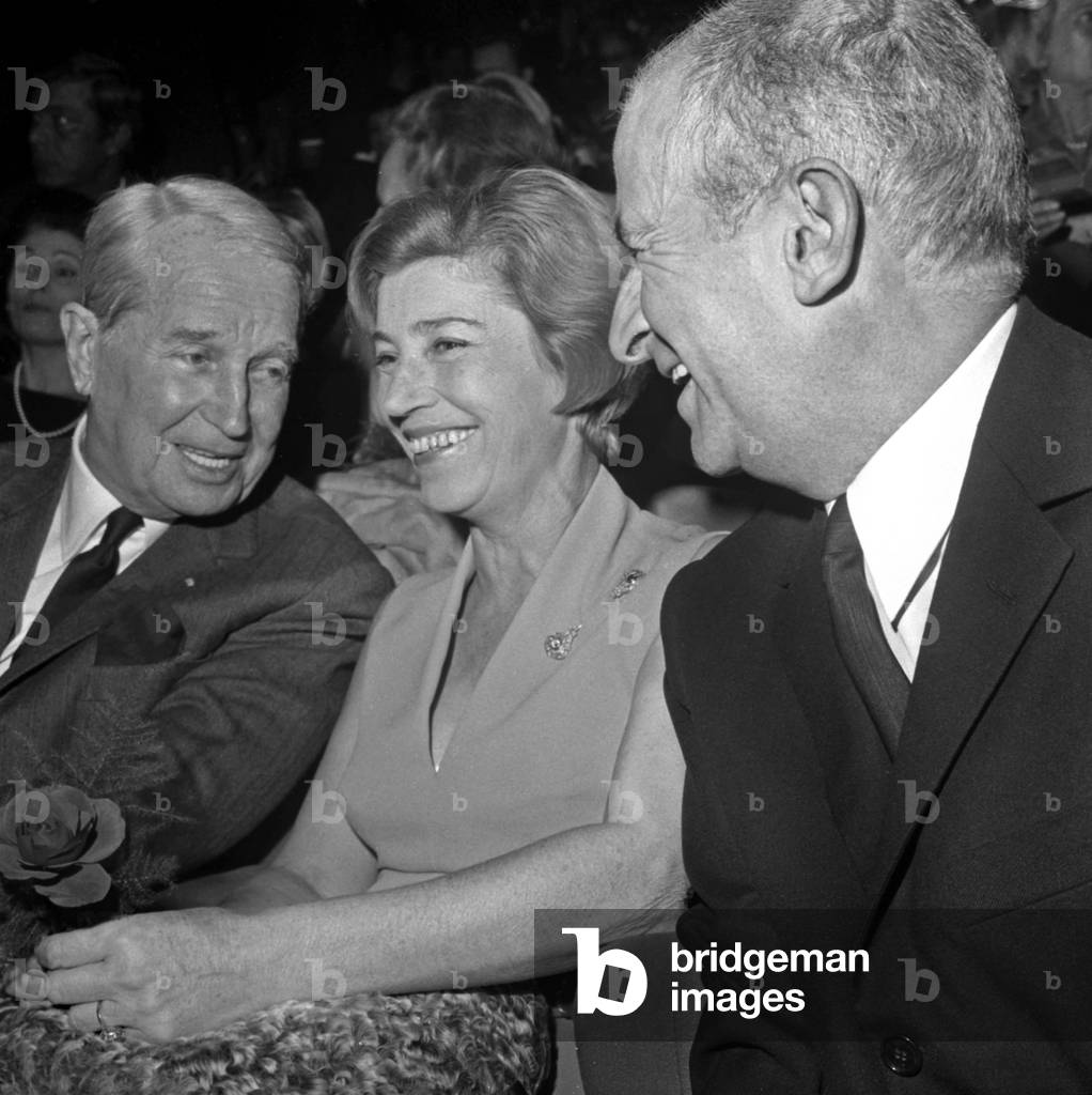 Louis De Funes With his Wife Jeanne and Maurice Chevalier at Party For Film Le Gendarme Se Marie in 1968 (b/w photo)