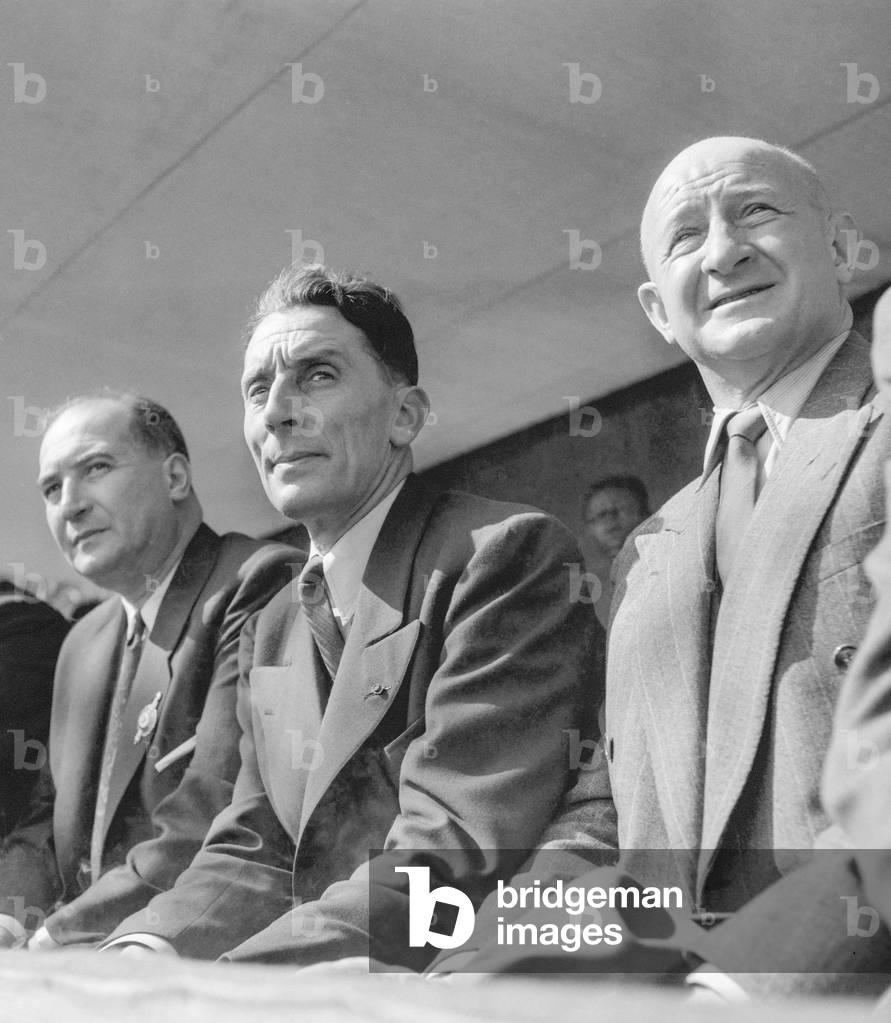 Popular demonstration in Paris on Mays 1st, 1950 : Laurent Casanova (l), Frederic Joliot Curie (c) (b/w photo)