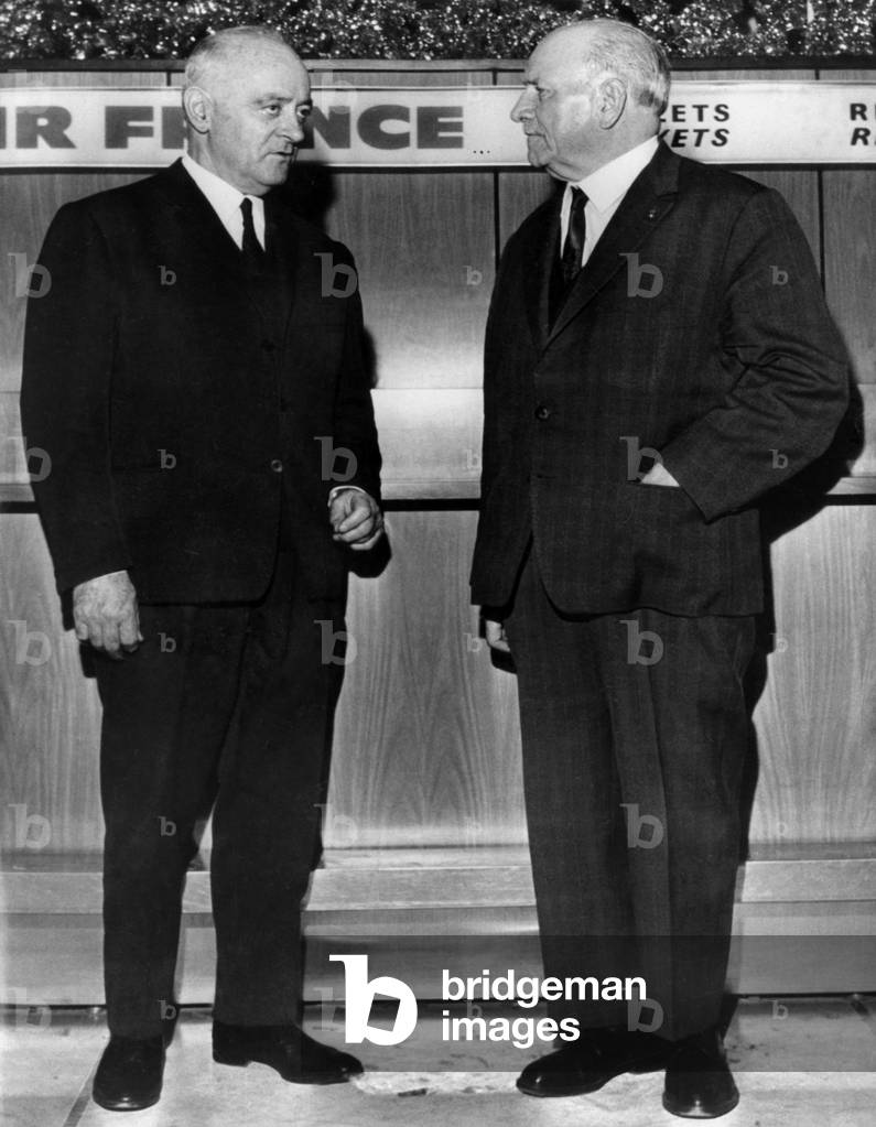 2 Pioneers of Aviation : Didier Daurat and Jean Dabry at Orly Airport Before Departure For Buenos Aires To Commemorate Death of Jeanmermoz and Take Part To A Meeting Between Argentinian and French Pilots December 16, 1967 (b/w photo)
