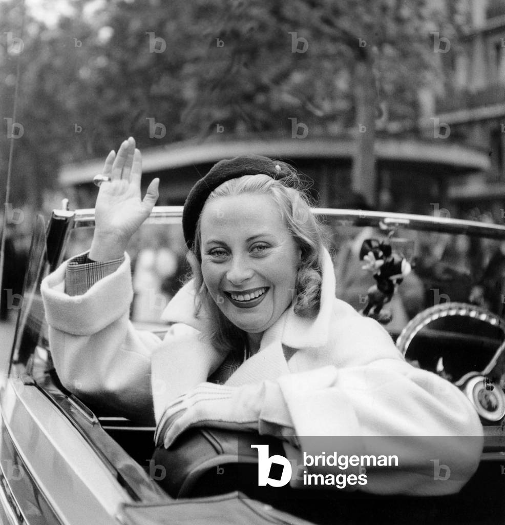 French Actress Michele Morgan in Convertible Car at Car Rally July 11, 1948 Beret (b/w photo)