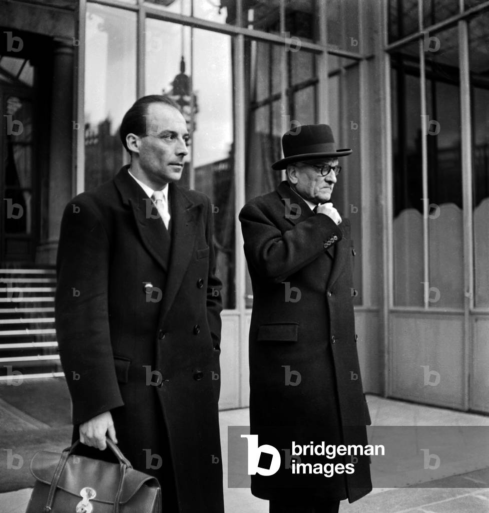 Marius Moulet and Henri Teitgen Leaving Elysee Palace, Paris, After Council of Ministers, April 2, 1947 (b/w photo)