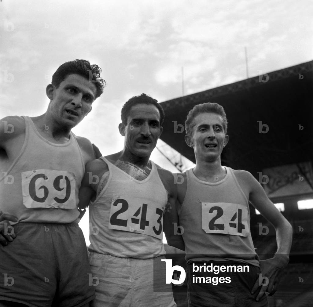 French Athletism Championship, Colombes, September 14, 1957 : After 5000M : Maurice Chiclet, Alain Mimoun and Robert Bogey (b/w photo)
