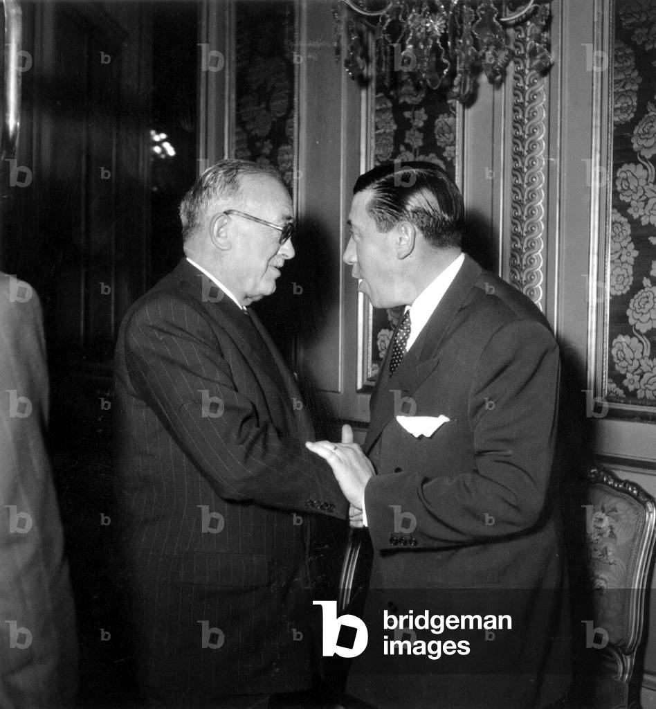 French President Vincent Auriol and Actor Fernandel at Christmas Party at Elysee Palace December 18, 1948 (b/w photo)