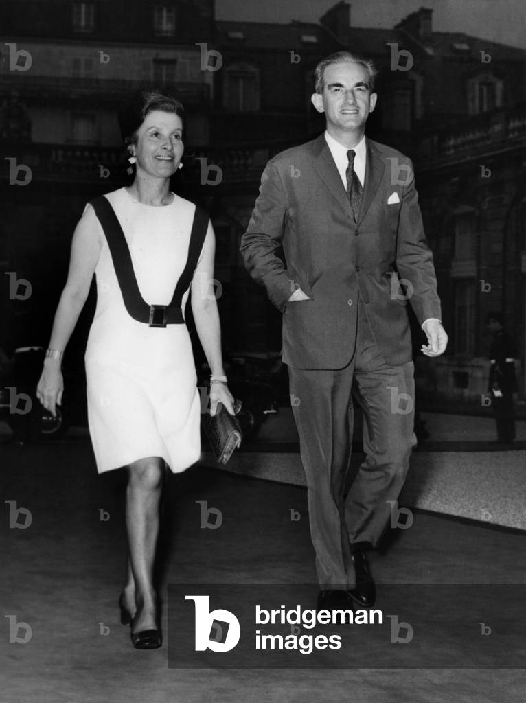 Alain Peyrefitte and his Wife Monique Luton Arriving at The Garden Party at The Elysee, Paris, June 10, 1970 (b/w photo)