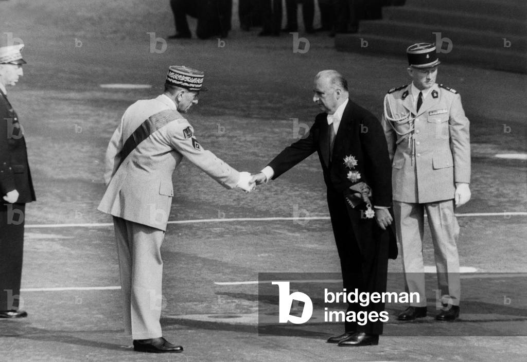 The French President Georges Pompidou Shaking Hands With The General Jacques Massu, Paris, July 14, 1969 (b/w photo)