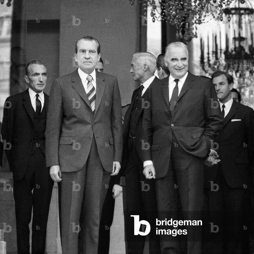 American President Richard Nixon and Franch President Georges Pompidou at Elysee in Paris After Mass in Tribute of Charlesdegaulle, November 12, 1970 (b/w photo)