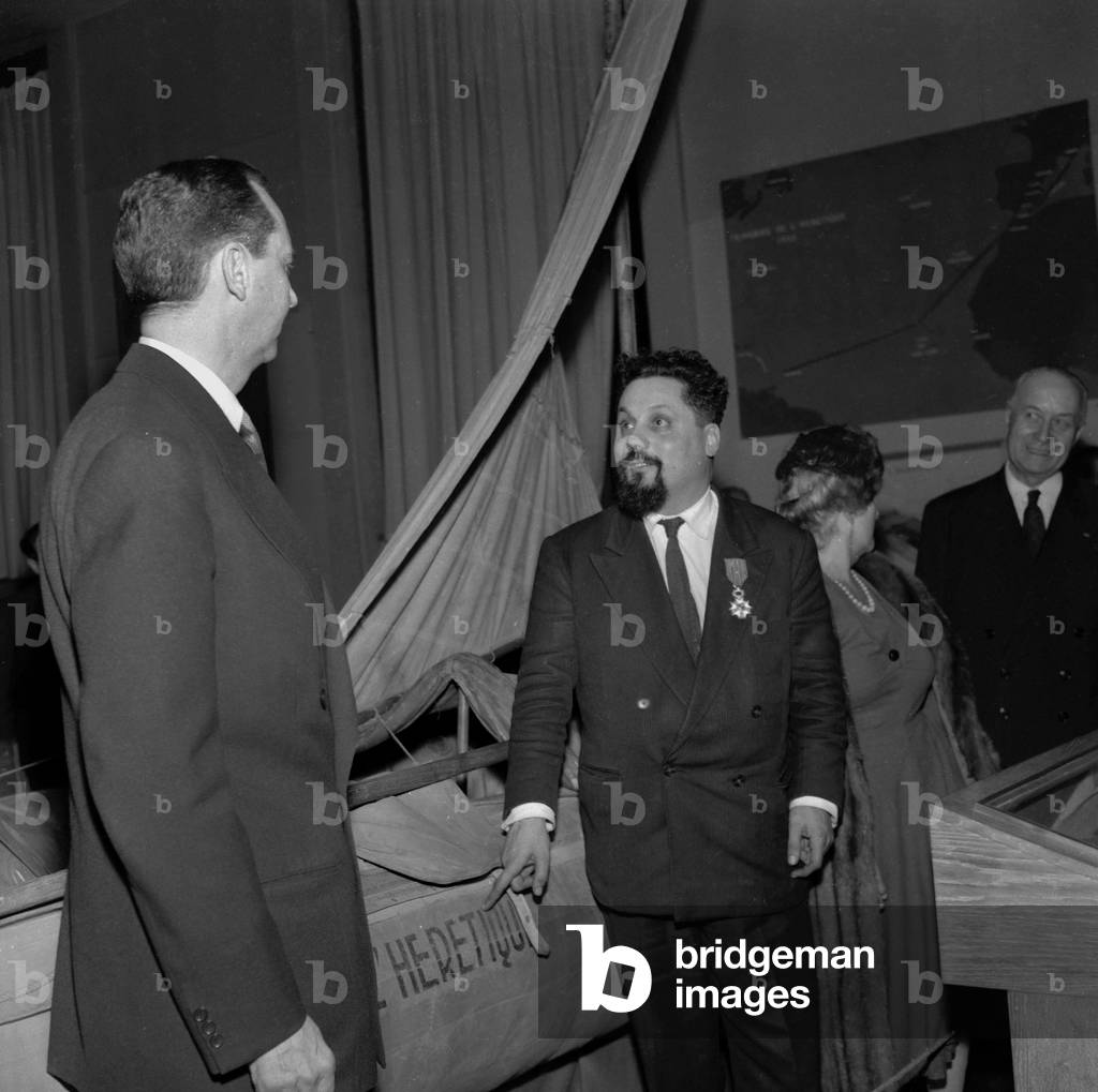 Alain Bombard received the Legion of Honour in Paris, February 25, 1957 (b/w photo)