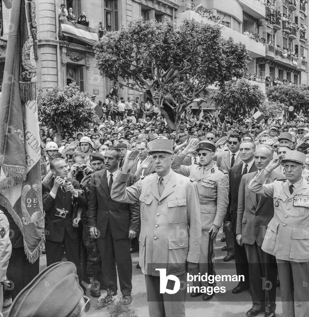 Algerian War : French General Charles De Gaulle during his travel in Oran, Algeria, June 6, 1958 (b/w photo)