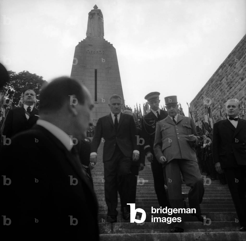 On May 29, 1966, Commemoration For 50Th Anniversary of Battle of Verdun : French President Charles De Gaulle Leaving War Memorial in Verdun, Behind : his Aide-De-Camp Claude Gay, on L Mayor of Verdun Andre Beauguitte (b/w photo)