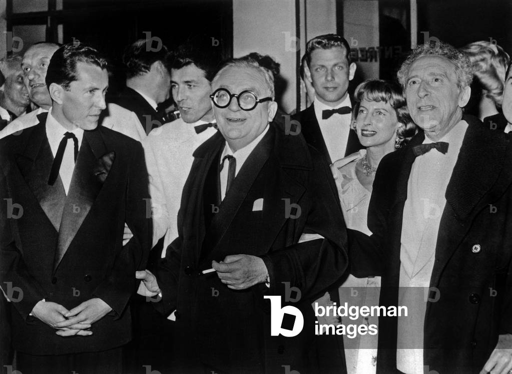 Bernard Buffet, Marcel Achard and Jean Cocteau, Members and President of Jury, Arriving at Festival in Cannes, May 5, 1958 (b/w photo)