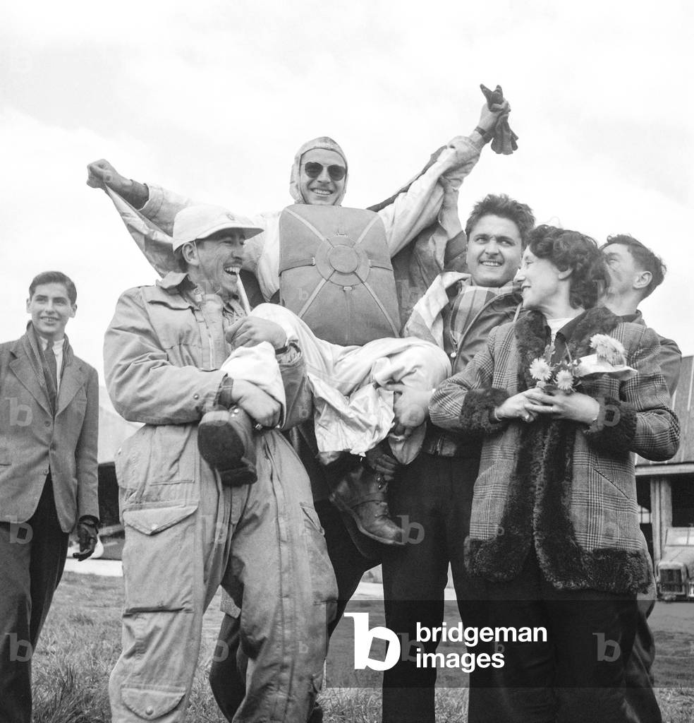 Leo Valentin, French bird man, with hs wings in Meaux, France, May 4, 1950 (b/w photo)