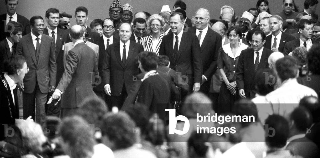 Ceremony For Bicentenary of French Revolution, Paris, July 13, 1989 : Japanese Prime Minister Sosuke Uno, Joseph Desire Mobutu, Francois Mitterrand (1916 - 1996), Hosni Moubarak, George Bush, Helmut Kohl, Michel Rocard, Jacques Delors (b/w photo)