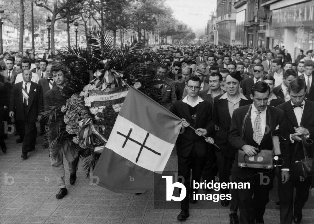 Demonstration in Paris (Champs Elysees) on May 13, 1959 To Commemorat Edemonstration of May 13, 1958 (For French Algeria at Time of War in Algeria) (b/w photo)