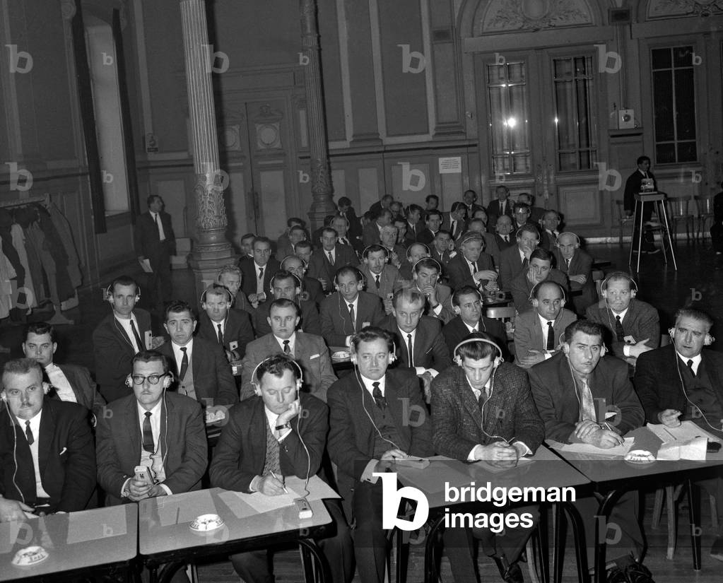 The day for the safety in the mines (120 delegates from 6 European countries), Paris, April 11, 1967 (b/w photo)