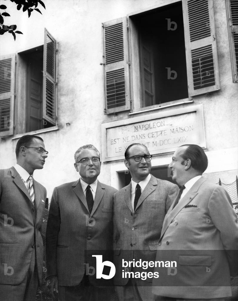 L-R French Historians Claude Nielsen, Andre Castelot, Alain Decaux and Jacques Chabannes Outside The House Where Were Born Napoleon Bonaparte in Ajaccio, Corsica October 22, 1967 For The Release of Book By Castelot About Bonaparte (b/w photo)