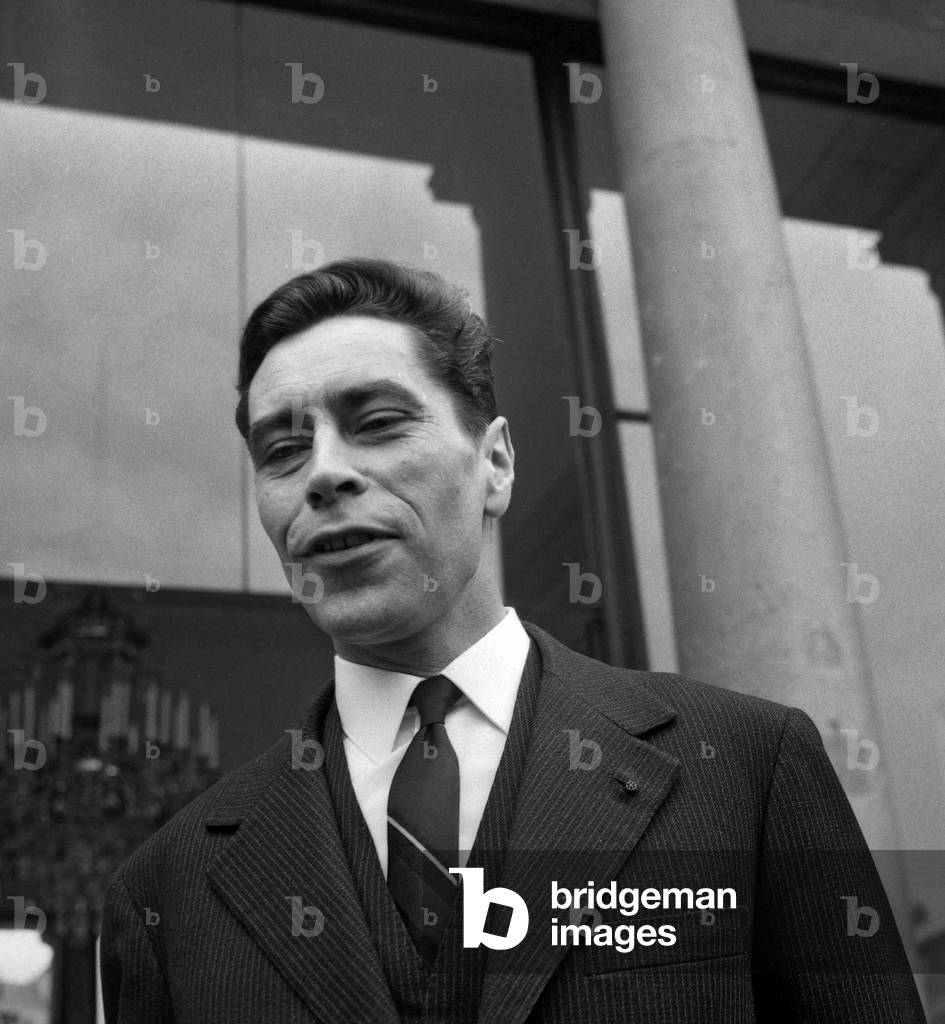 Yves Guena, French telecommunications Minister, leaving the Elysee in Paris after Council of Ministers, April 12, 1967 (b/w photo)