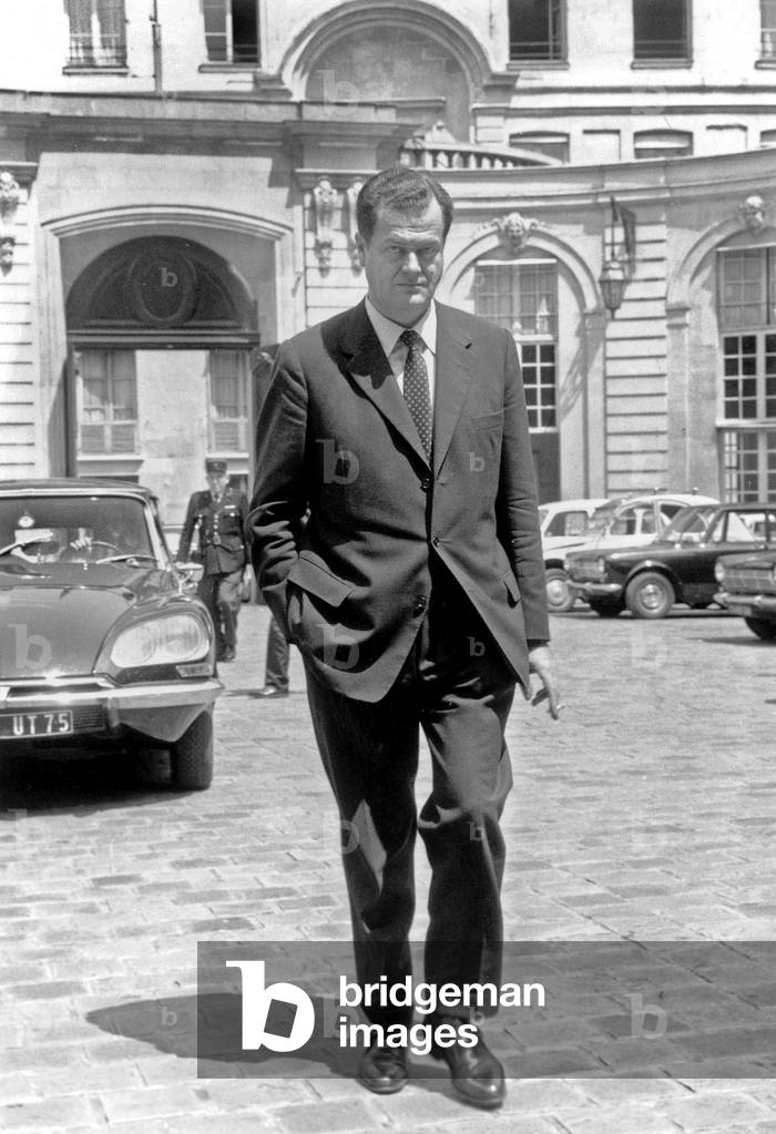 Olivier Guichard, Deputy of Loire-Atlantique Department, Arriving at Matignon Hotel To Meet French Prime Minister May 31, 1968 (At The Time of General Strikes in France) (b/w photo)