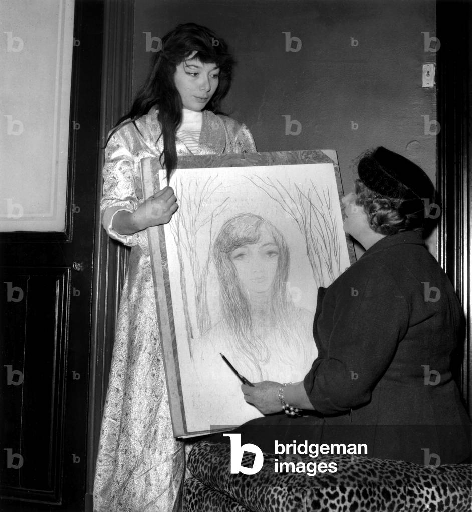 Painter Marie-Madeleine De Rasky With Juliette Greco and Sketch of Juliette Greco at Juliette Greco'S February 9, 1956 (b/w photo)