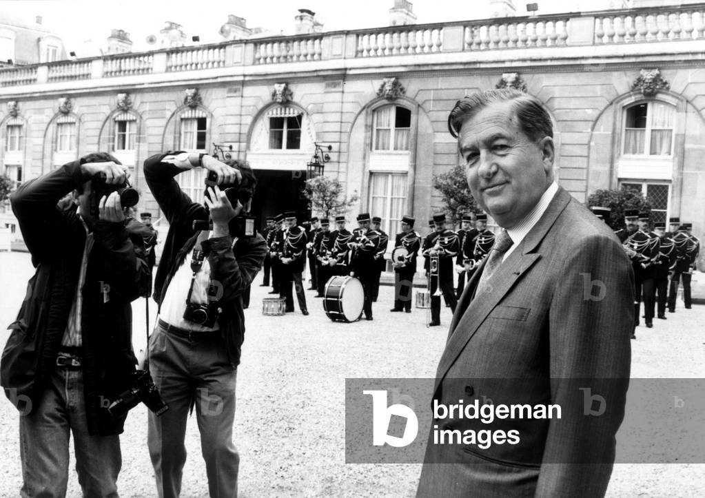 Jean-Bernard Raimond, French Minister of Foreign Affairs, Leaving Elysee Palace After Council of Ministers on July 22, 1987 (b/w photo)