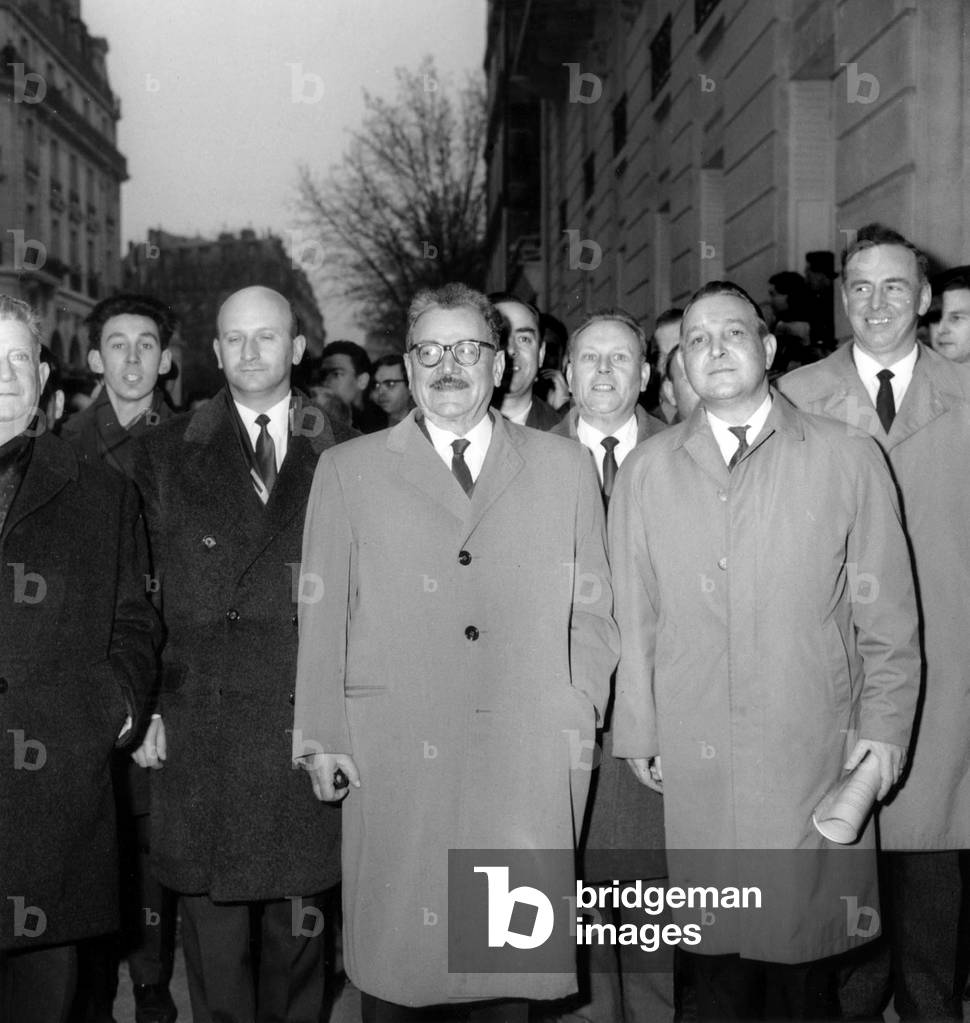 From Left To Right, Henri Krasucki, Benoit Frachon (Secretary of The Cgt) and Eugene Descamps (Secretaryl of The Cfdt) and Many Trade Unionists, Manifest in Front of The Head Office of French Employers in Order To Protest Against The Refusal of The Employers' Leaders To Receive The Delegues of Trade Unionists For A Discussion on The Revisions of Wages, March 15, 1966 (b/w photo)