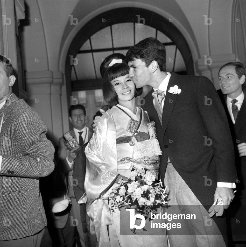Wedding of Hiroko (Model For Cardin) and Henri Berghauer in Paris on October 13, 1961 (b/w photo)