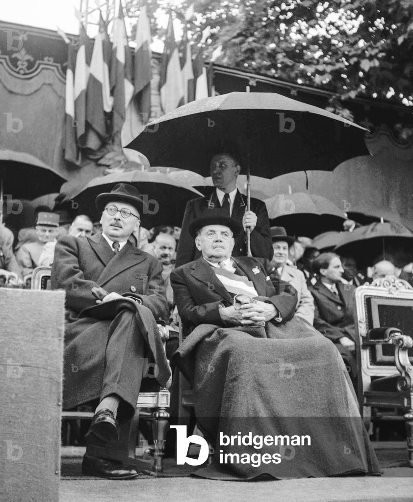 Rene Pleven and Edouard Herriot attending the military parade, Paris, Bastille Day, July 14, 1950 (b/w photo)
