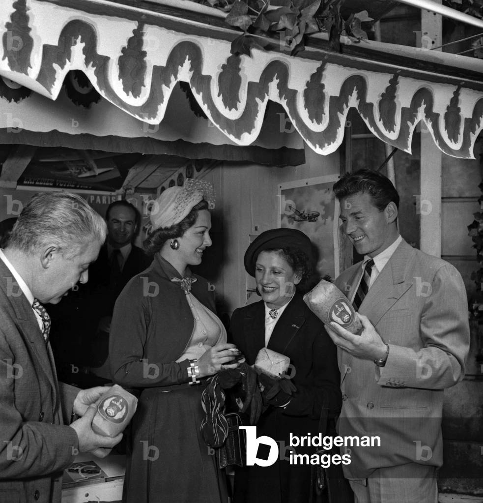 Actors Maria Montez, Maryse Bastie and Jean Pierre Aumont in Paris on May 20, 1949 (b/w photo)