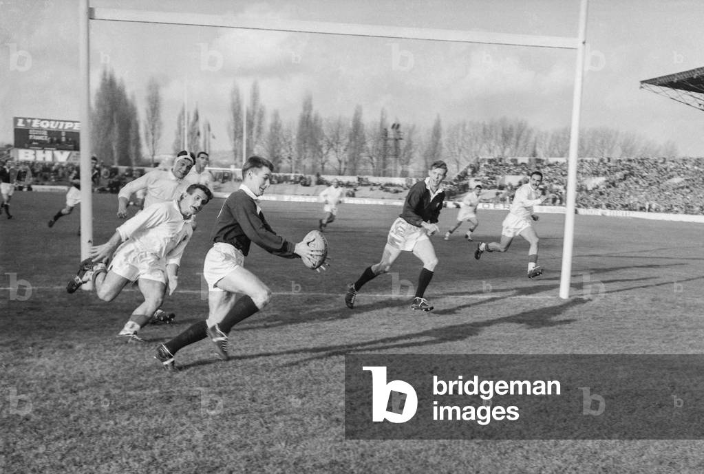 Rugby, Five Nations Championship, in Colombes (France), January 7, 1961 : match between France and Scotland (French victory) (b/w photo)
