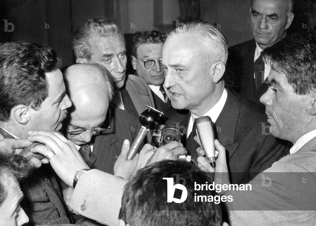 French Prime Minister Pierre Pflimlin Talking To Journalists After Ministers Counsil at Elysee Palace After Riots in Algiers May 14, 1958 at The Time of War in Algeria (b/w photo)