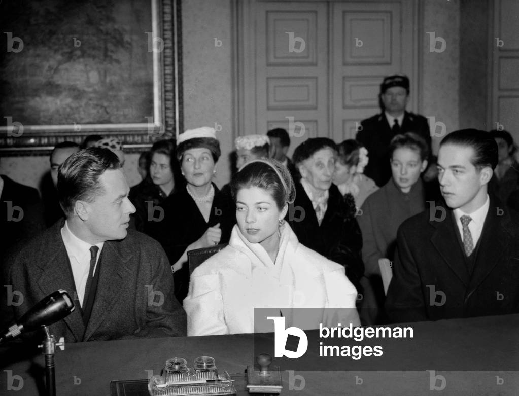 Civil Wedding of Princess Helene of France and Evrard of Limbourg Stirum in Louveciennes January 16, 1957 on The Right Is Prince Henri of France, Brother of The Bride (b/w photo)