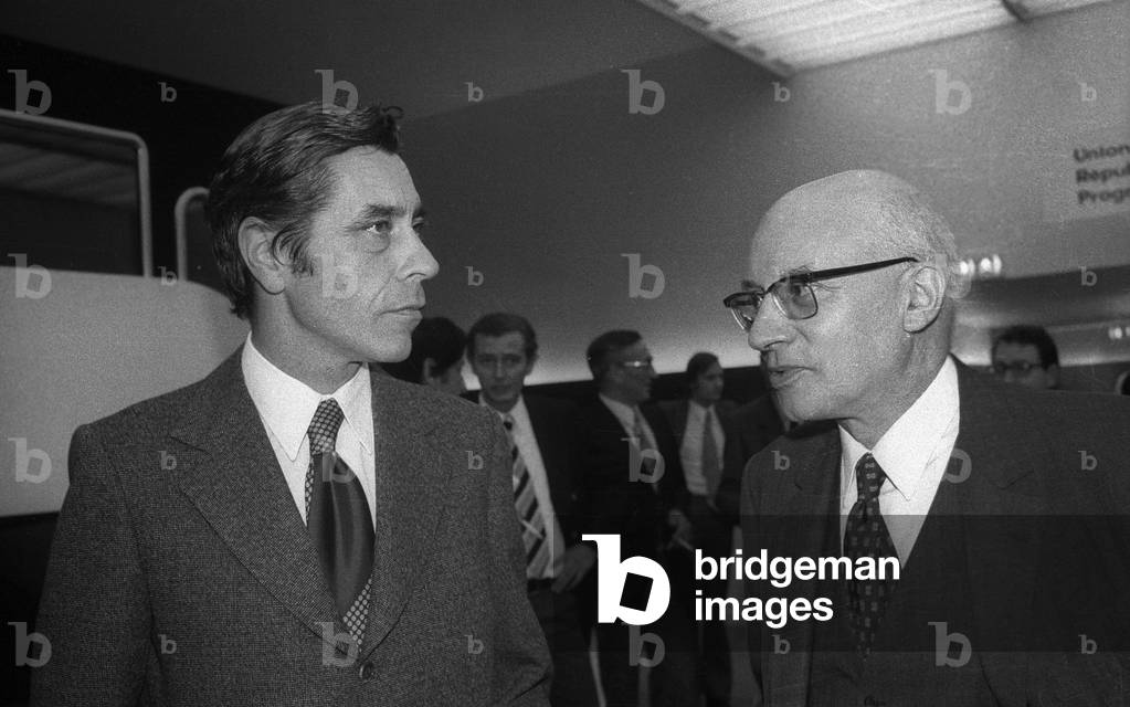 French politicians Yves Guena and Jean Foyer at URP meeting in Paris, October 5, 1973 (b/w photo)