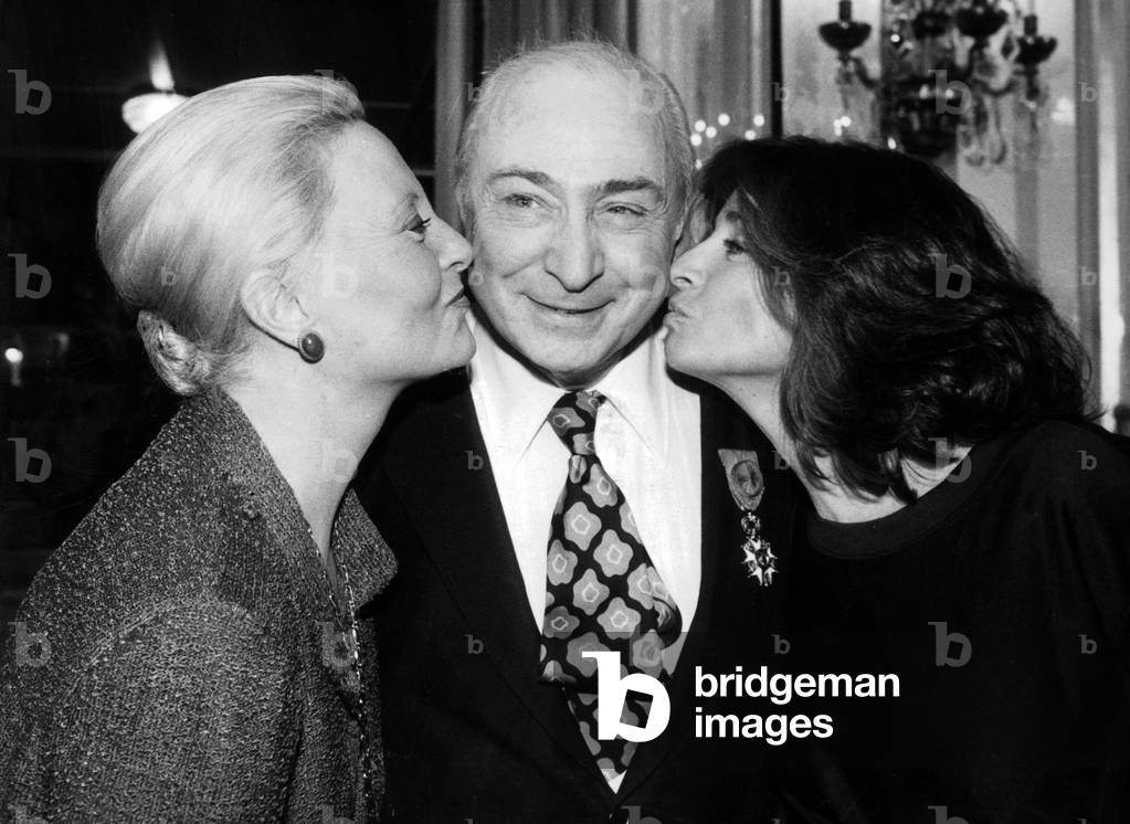 Film Director Gerard Oury Receiving Legion of Honour here Congratulated By his Daughter Danielle Thompson (R) and Actress Michele Morgan March 6, 1985, Paris (b/w photo)