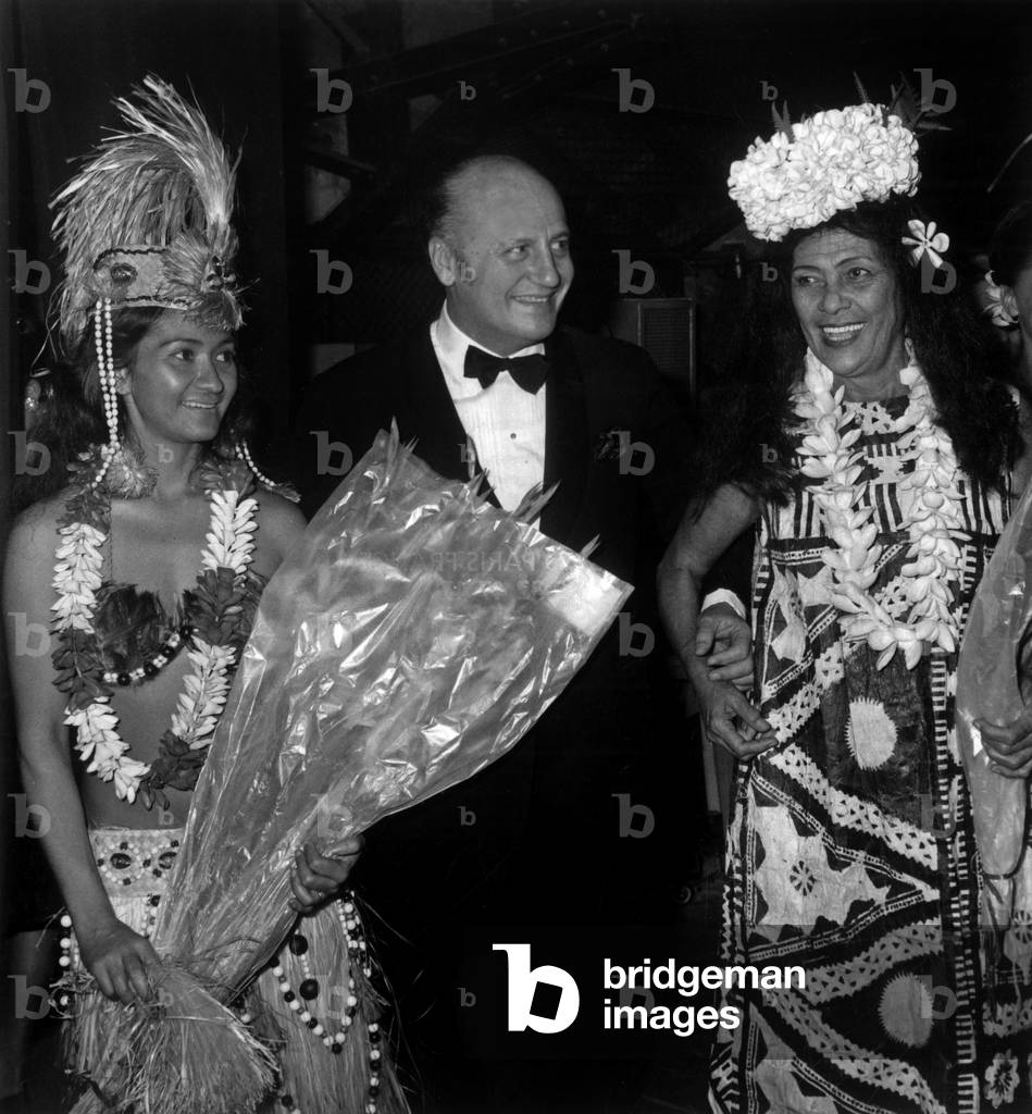 At Gala of Tahitian Ballet, French Couturier Pierre Balmain With Tahitian Dancers December 16, 1966 (b/w photo)
