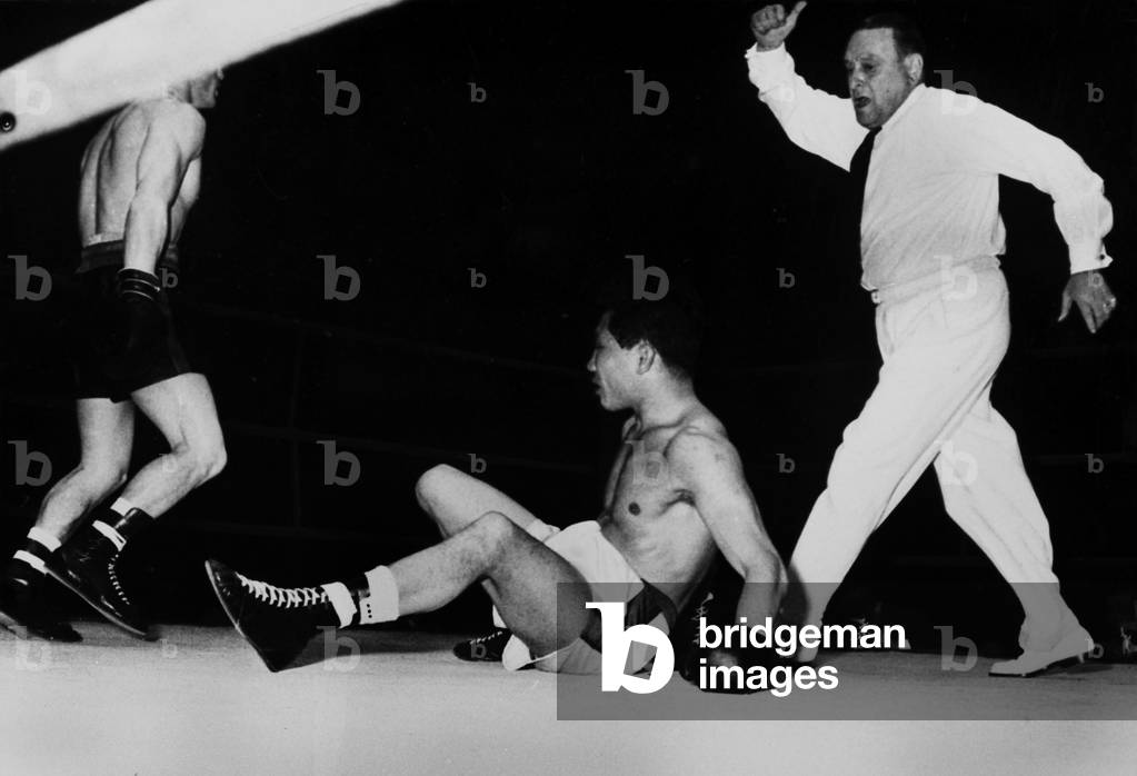 Last Match at The Velodrome D'Hiver (Vel D Hiv) With Boxers Alphonse Halimi Against Al Asuncion. Paris, May 12Th 1959. (b/w photo)