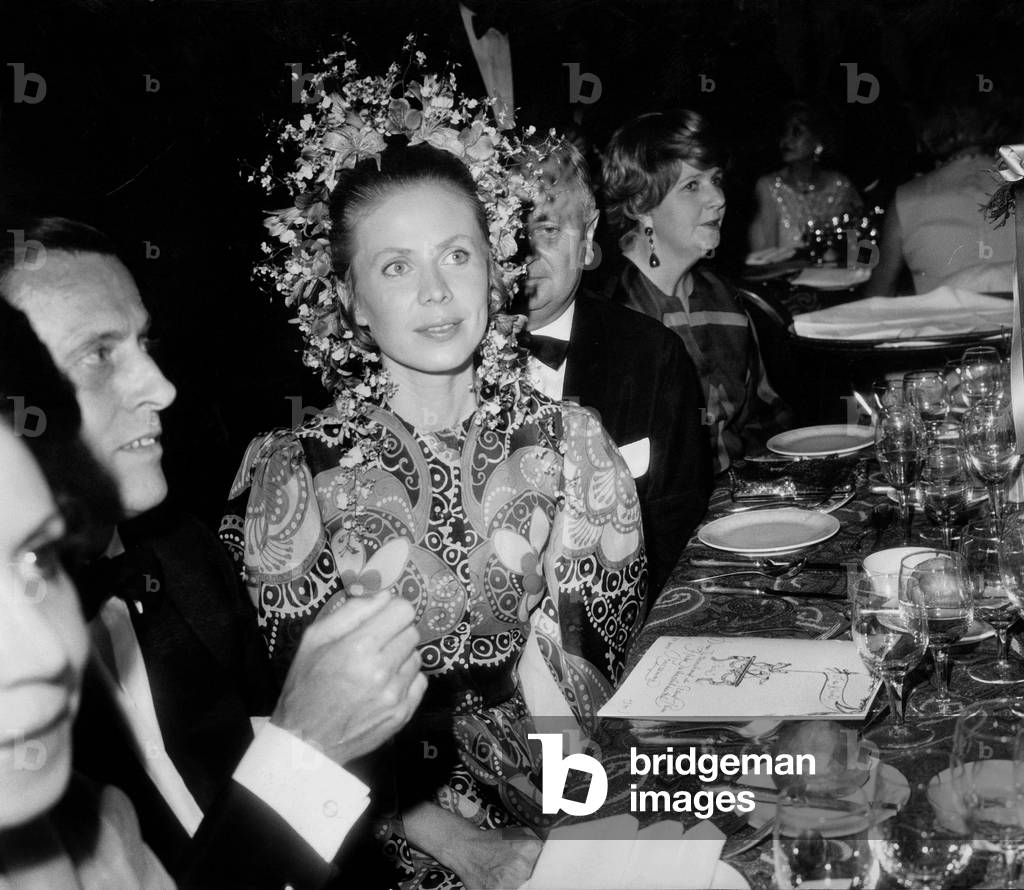 Gersende De Sabran-Ponteves Duchess of Orleans, (Wearing Special Headgear By Alexandre) at Grand Prix Gala in Paris June 28, 1971 (b/w photo)