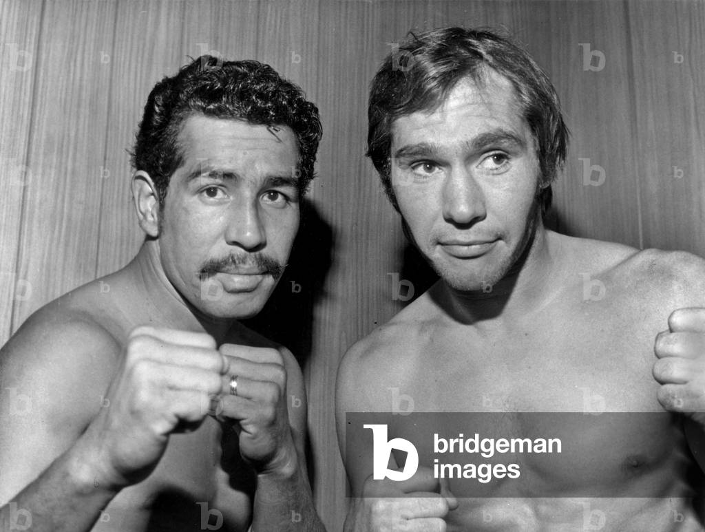 Raul Soriano And Jean Claude Bouttier At La Pesee Before Their Match At Palais des Sports November 8, 1971 (b/w photo)