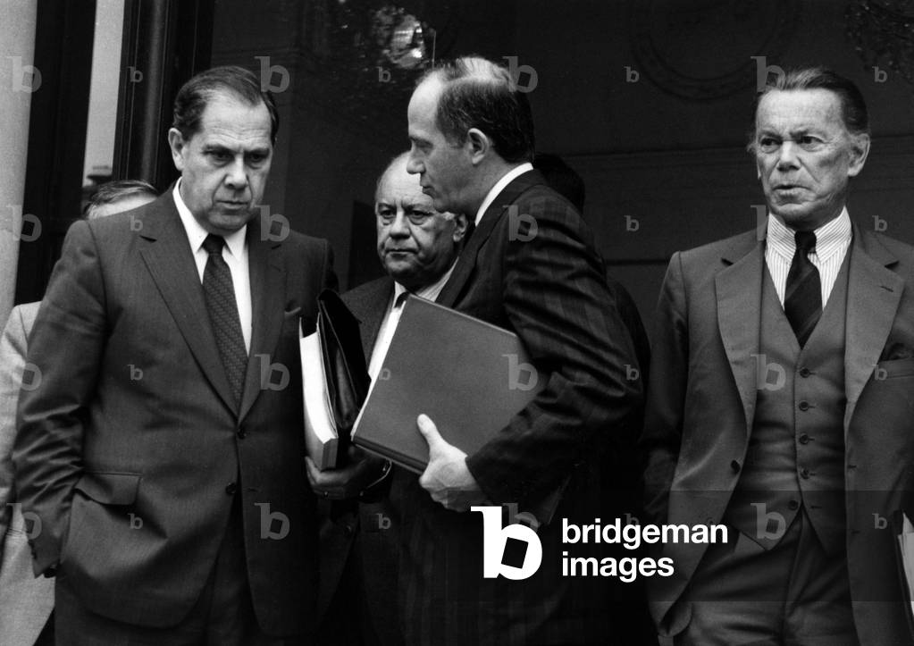 Charles Pasqua, French Minister of Interior, Robert Pandraud, French Minister of Security, Herve De Charette and Albin Chalandon, French Minister of Justice, After Council of Ministers at The Elysee, September 15, 1986 (b/w photo)