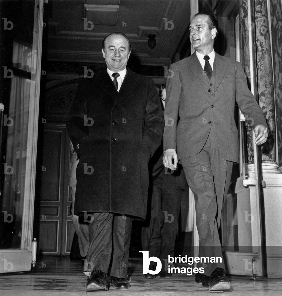 Raymond Marcellin Passes The Capacity To his Substitute Jacques Chirac To The Interior Ministry, March 4, 1974  (b/w photo)