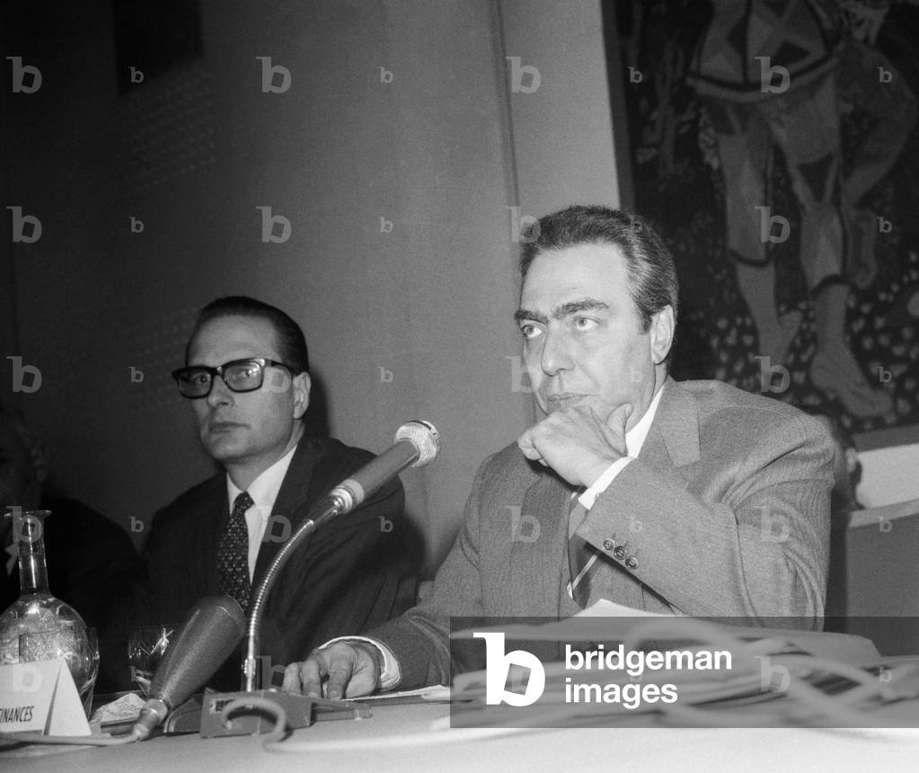 Jacques Chirac and Francois-Xavier Ortoli during a press conference, March 10, 1969 (b/w photo)