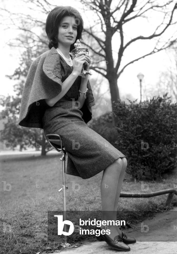 Marie-Jose Neuville Sitting on Sa Canne-Siege At the Pavillon De L'Elysee Before the International Nature Show in February 1961 (b/w photo)